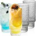 Drinking Glasses Set of 4, 16oz Textured Flower Design Cocktail Glasses, Stackable Old Fashioned Glass Cups, Vintage Glassware for a baby Shower Wedding for Kitchen and Bar - Dishwasher Clear