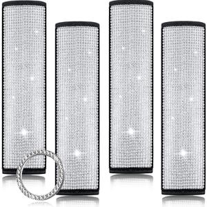 Tallew 5 Pack Bling Seat Belt Covers Rhinestones Car Seat Belt Strap Shoulder Pad for Women with Crystal Diamond Soft Rhinestone Start Button Universal Interior Accessories for Car SUV