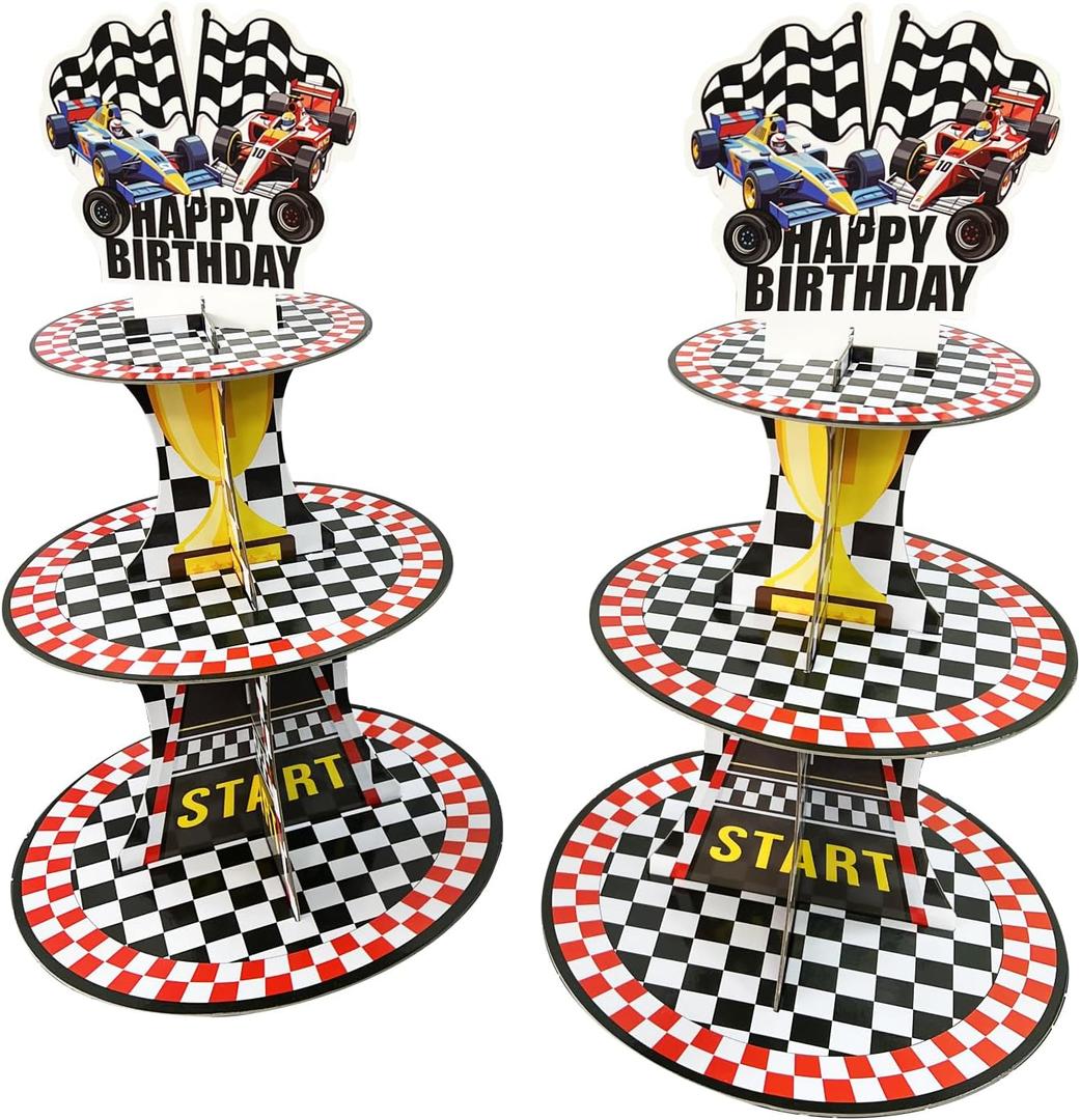 2 Pack Race Cars Cupcake Stands Birthday Party Supplies, 3-Tier Two Fast Racing Car Cardboard Cupcake Holder Dessert Display, Cars Wheels Birthday Decorations