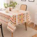Waterproof Bohemian Tablecloth, 8 Foot Rectangle Fabric Orange Colorful Table Cloth with Soft Cotton Tassels, Farmhouse Vintage Dining Table Cover for Indoor Outdoor Use