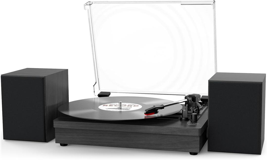 Record Player with Dual Stereo Speakers, Vinyl Record Player with 3 Speed Support Wireless Connection RCA Output Aux in USB Vintage Design Turntable Black