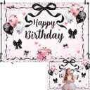 Black and Pink Bow Birthday Backdrop 7x5FT Pink Black Bow Happy Birthday Banner Decorations Big Bows Party Photo Background