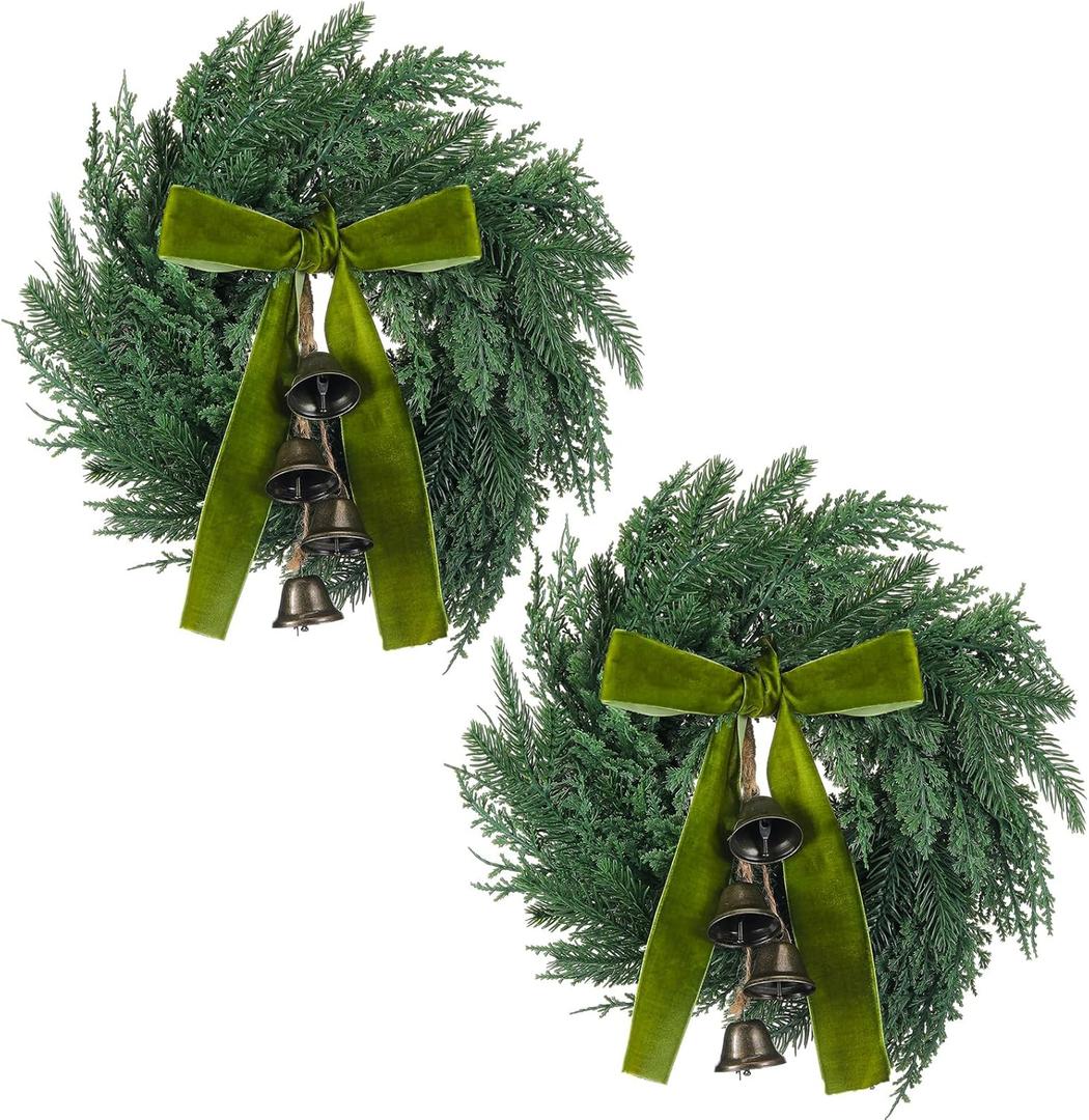 Chuangdi 2 Pcs Small Norfolk Wreath with Cypress Cow Bells and Velvet Ribbon Bow 11.8 Christmas Kitchen Cabinet Mini Wreaths Faux Pine Greenery Winter Wreath for Xmas Table Cabinets Kitchen Windows
