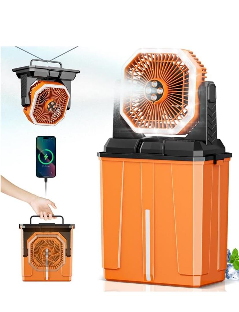Orteen Portable Misting Fan, Rechargeable Outdoor Cooler, Battery Operated Personal Fan with3 Speeds & 8L Bucket for Patio, Camping,Hiking, Backyard, Travel, Desk,Pool, Beach