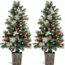 2 Pack 4FT Entrances Christmas Trees for Porch Pre Lit Artificial Pathway Potted Xmas Tree with 100 LED Lights 8 Mode Remote Control Berries Pine Cones for Front Door Driveway Yard Outdoor