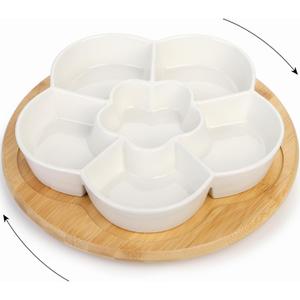 DEAYOU 11'' Lazy Susan Serving Tray, Porcelain Divided Platter with Silent Rotating Tray, Ceramic Appetizer Sectional Dish with Swivel Bamboo Tray for Chips and Dip, Nuts, Fruit, Veggie, Flower Shape