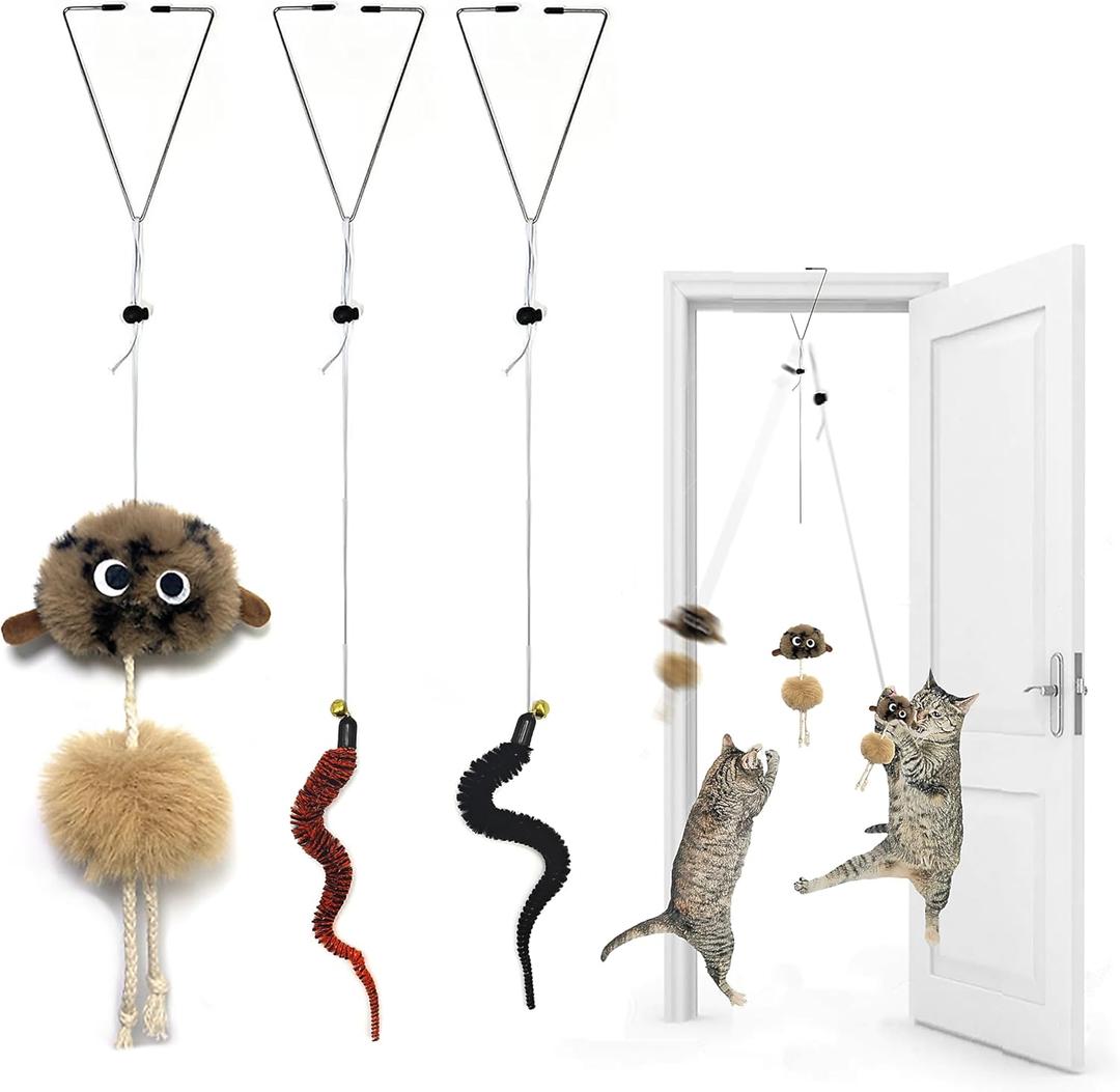Cat Toys for Indoor Cats,Interactive Door Hanging Cat Toys Attached with Catnip/Feathers/Birds/Worm Toys for Cats/Kitten Toys(3 Pack) (001)