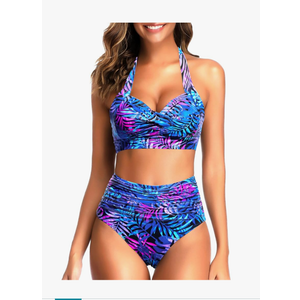 Tempt Me Women Two Piece Vintage Swimsuit Retro Halter Ruched High Waist Bikini with Bottom L