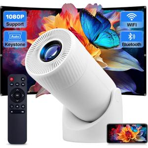 Mini Projector Supports 4k, Wifi, Bluetooth, and 180 Degree Rotation Built in Speaker Connects to Phone iPhone/Android/TV Stick, Outdoor Projector