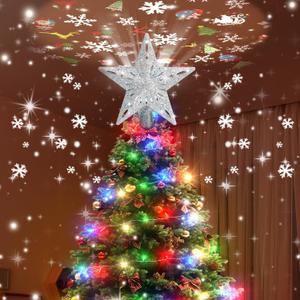 Christmas Tree Topper Lighted with 10M Colorful String Lights, Keten Silver Star Tree Toppers Decoration with 3D Rotating Pattern Projector, Tree Top for Indoor Outdoor Xmas Party Holiday (Silver)