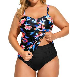 Aqua Eve Women Two Piece Plus Size Tankini Strapless Bathing Suits Bandeau Swimsuits with High Waisted Bottom (Colorful Floral, 20W)