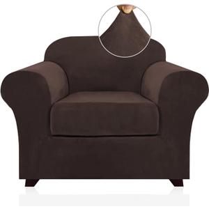 PrinceDeco Velvet Plush Couch Cover Stretch 2 Piece Chair Cover Chair Slipcover Washable Furniture Protector Couch Soft with Elastic Bottom Armchair Cover Width Up to 49 Inch(Small, Brown)