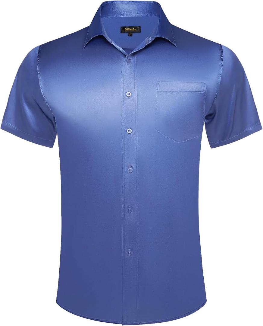 DiBanGu Mens Dress Shirts,Casual Solid Short Sleeve Shirt Regular Fit Summer Button Down Shirts with Pocket (XX-Large, Steel Blue)
