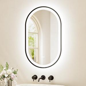 TETOTE Oval Led Lighted Bathroom Mirror Matte Black Frame 20" x 32" Front and Backlit Oval Light up Vanity Mirror with Lights, 3 Color Illuminated Dimmable Anti Fog Wall Mount, IP54 CRI 90+