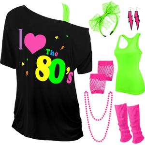 I Love The 80's Disco 80s Costume Print Off Shoulder Tops Tank Top Headband Earring Necklace Legwarmers Fishnet Gloves (X-Large, Rose Red, Neon Green)