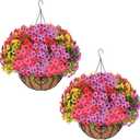 2 Sets Artificial Hanging Flower for Outdoors, Fake Hanging Basket for Outside,2 Hanging Basket with 26 Pcs Faux Silk Flowers for Porch, Balcony and Patio Decor(Mixed)
