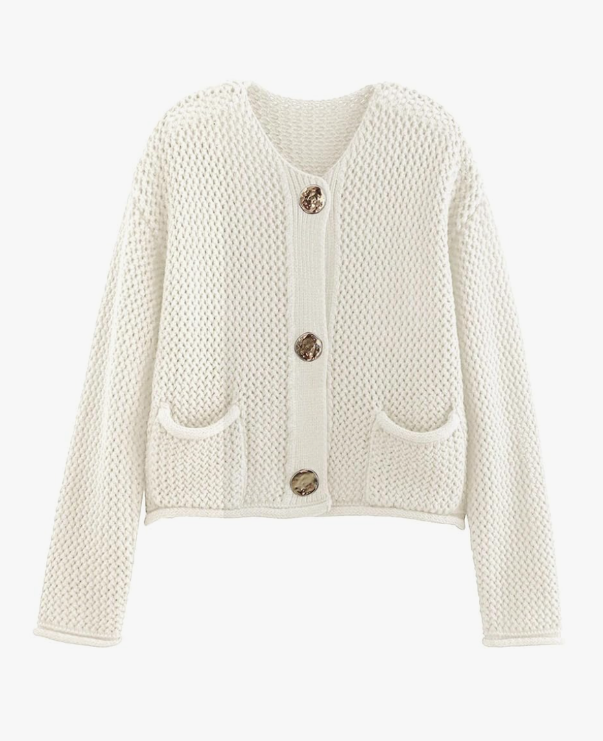 Chevara Women’s Cropped Cardigan Sweater Long Sleeve Crewneck Button Down Knit Sweater with Pockets, Color: Beige, Size Large