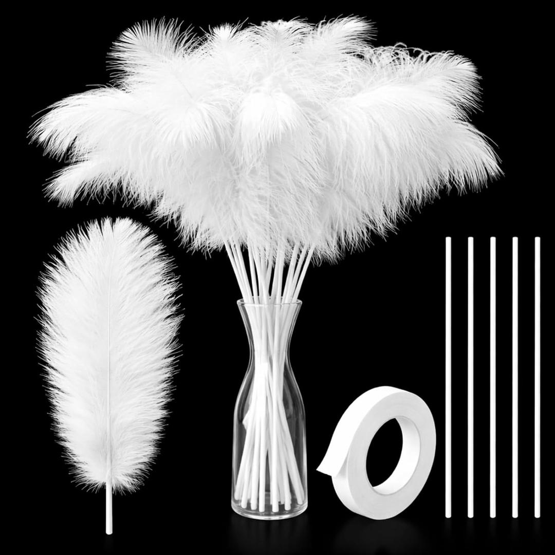 80 Pcs Ostrich Feathers Bulk for Vase Large Natural Ostrich Feathers 8-12inch with 80 Pcs Iron Wire and 1 Tape for Vase Flower Arrangement Wedding Party Centerpieces(White)