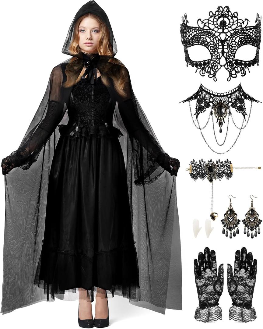 Foaincore Halloween Witch Vampire Costume Black Hooded Tulle Cloak for Women with Gothic Lace Jewelry Set Mask Gloves Denture (Small)