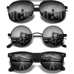 3 Pack Sunglasses Set for Men Women - Retro Round, Aviator Metal, Classic Plastic Black Frames & Lenses,Polarized UV400 Protection for Driving Beach Daily Outdoor