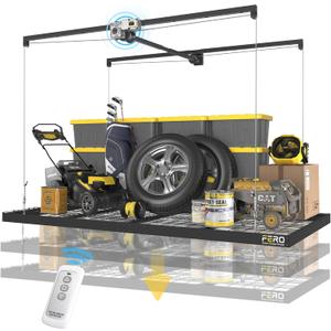 FERO Motorized Overhead Garage Storage Rack with Remote Control, Heavy-Duty Ceiling Mounted Organizer, 4x8 FT Ceiling Storage Lift System, Space-Saving Hanging Garage Shelves, 325 LBS Capacity