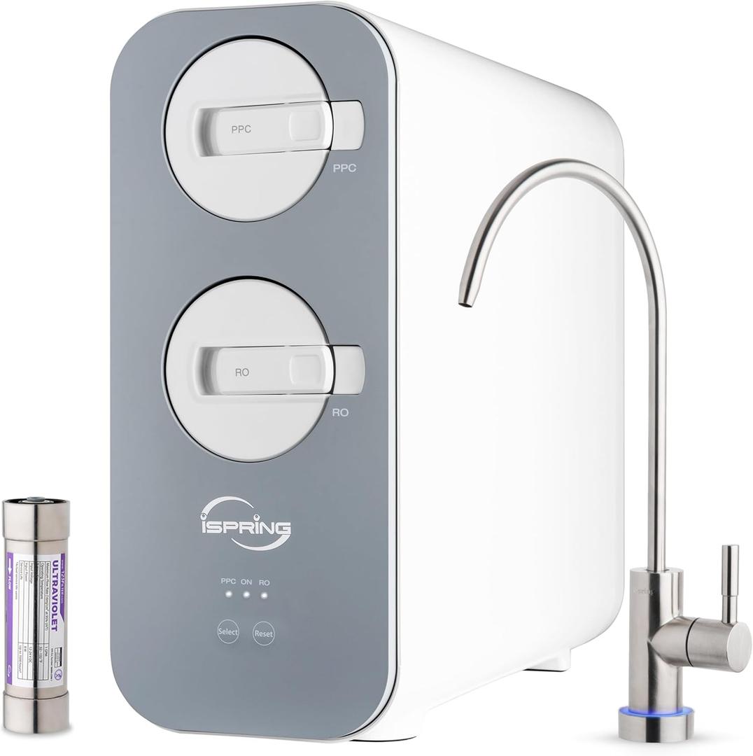 iSpring RO800G+UVF8 Tankless Reverse Osmosis System with LED UVF8 Light, 800 GPD Fast Flow RO System, 2.5:1 Pure to Drain Ratio RO Water Filter System, Brushed Nickel Faucet