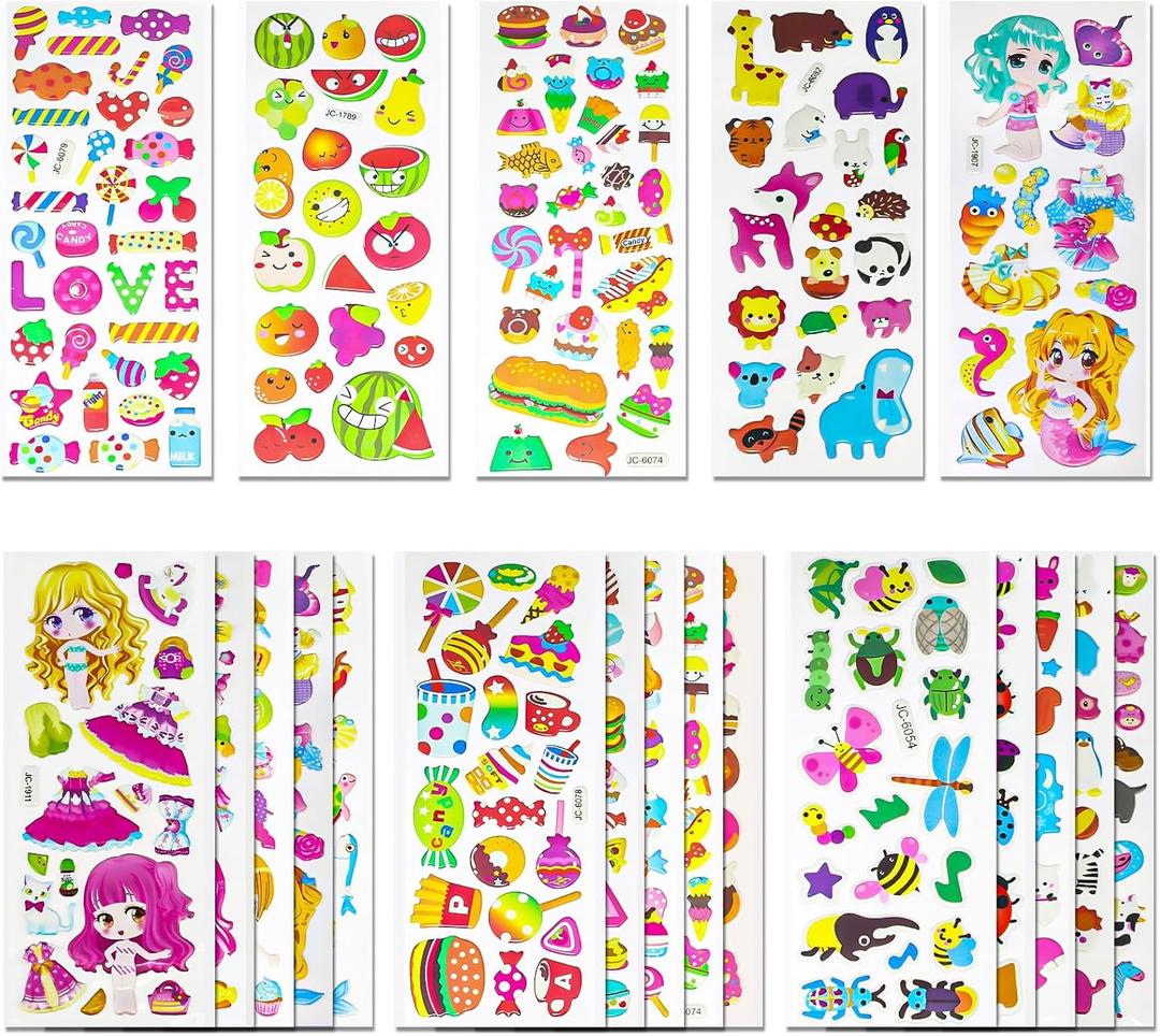 Meafeng 3D Stickers for Kids & Toddlers 24 Sheets 530+ Puffy Stickers Variety Pack with Animals, Candy, Fruits, Hamburger, Insect & More for Scrapbooking, Bullet Journals & Crafts