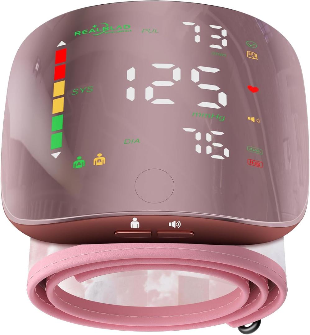 Guaever Wrist Blood Pressure Monitor Rechargeable BP Machine with 5.3"~7.7" Cuff, 2×120 Memory, OneButton Switch Memory and User, Professional Automatic Wrist BP Cuff BP Monitor for Family (Pink)
