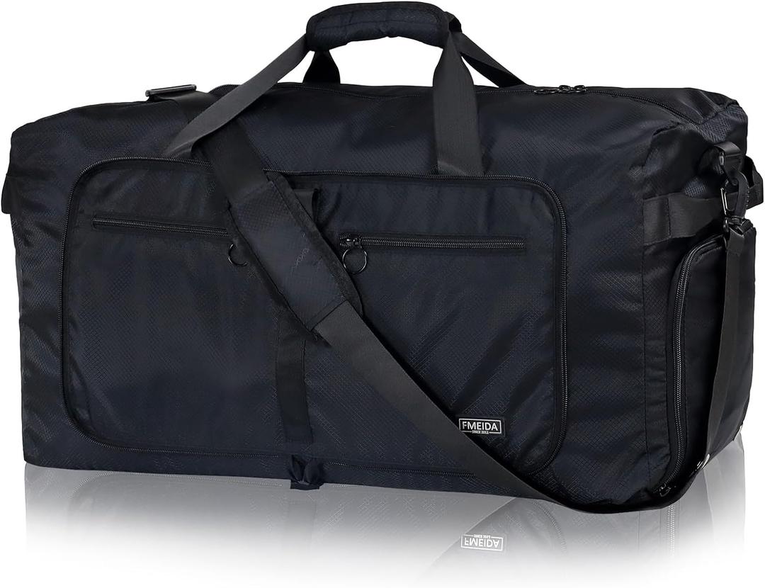 Fmeida 65L Duffle Bag with Shoes Compartment, Foldable Travel Duffel Bags for Men Women, Large Packable Travel Bag Water Repellent & Tear Resistant (Black)