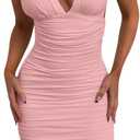 BEAGIMEG Women's Sexy Elegant Sleeveless Deep V Ruched Thick Straps Low Back Cocktail Evening Party Midi Dress (Pink)