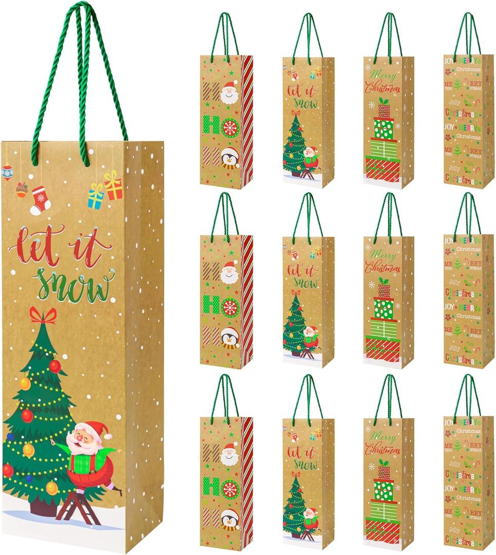 12PCS Christmas Wine Gift Bags Premium Kraft Paper Bottle Cover Wrapping Bags Bulk with Handles Gift Tags Reusable Holiday Wine Tote for Gifts Xmas Party Favours New Year Champagne Whiskey Liquor(Brown)