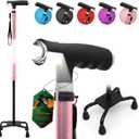 BeneCane Quad Cane Walking Cane with Two Led Lights with Big Base T HandleLightweight Adjustable Walking Stick Four Pronged Sturdy for Men and Women (PINK)