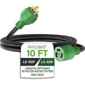 RVGUARD 3 Prong 30 Amp 10 Foot Generator Extension Cord, NEMA L5-30P/L5-30R 125V 10 Gauge SJTW Generator Power Cord, ETL Listed