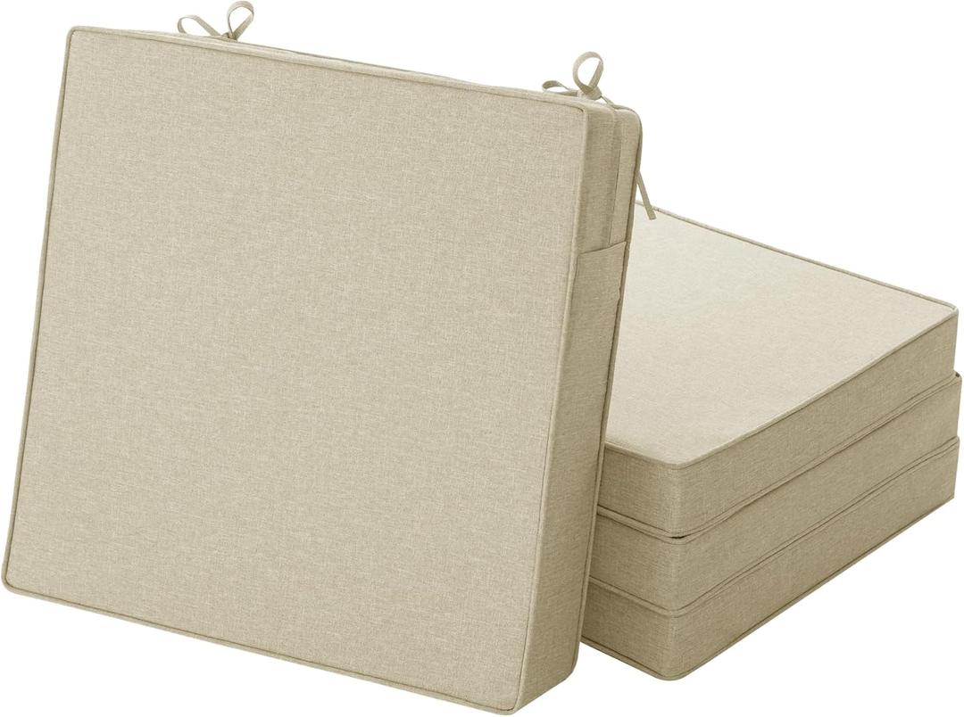 Outdoor Chair Cushions, Water-Resistant & Fade-Resistant, Patio Furniture Square Seat Replacement Chair Pads with Ties Zipper, Removable Cover, Non-Slip Bottom, Set of 4, 22 x 22 Inch, Beige