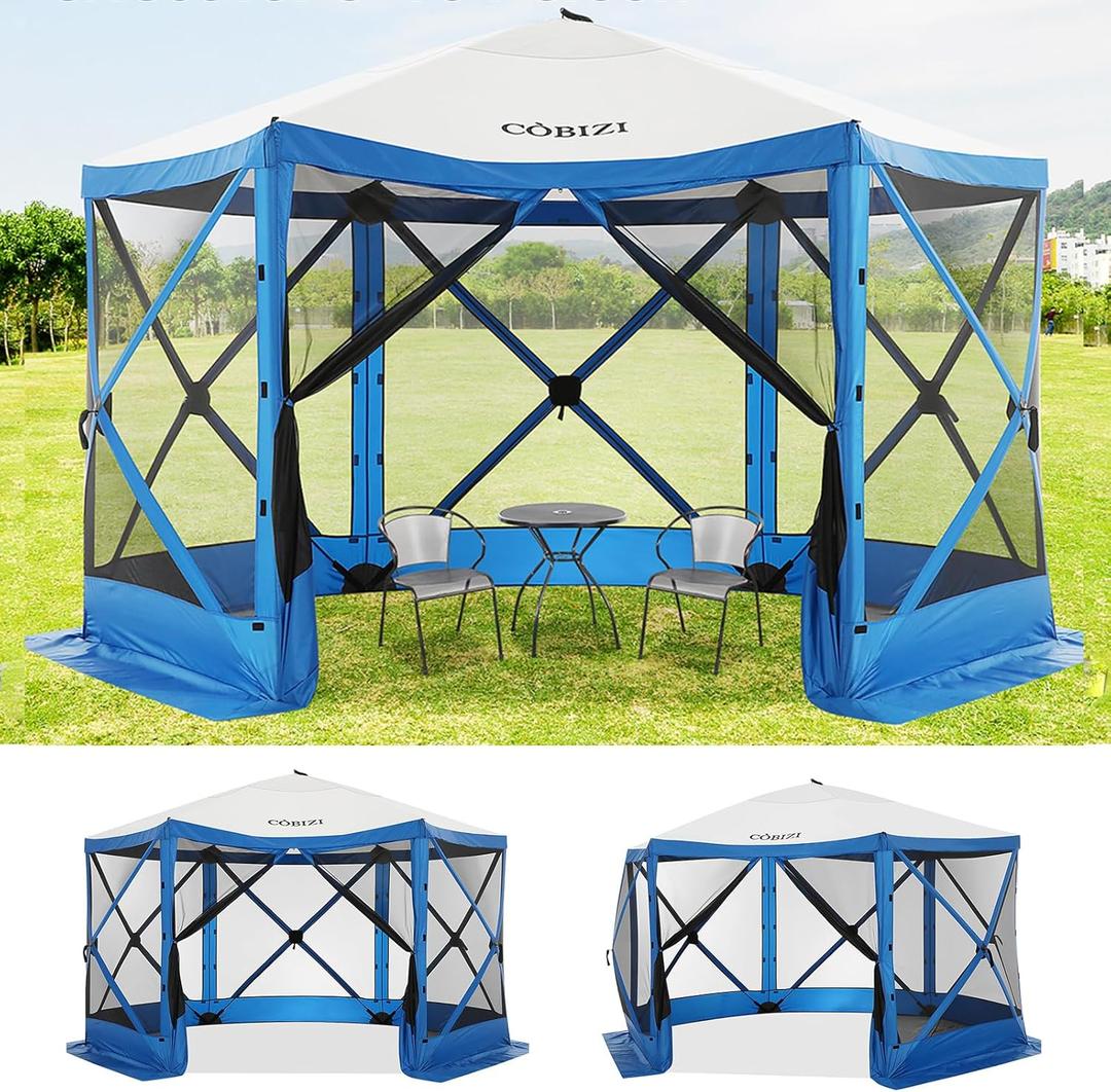 COBIZI 12x12ft Pop up Gazebo Screen House Tent for Camping, Camping Outdoor Screened Gazebo with Mosquito Netting, Portable Hub Tent with Carrying Bag and Ground Stakes, Blue (Upgraded 2.0)