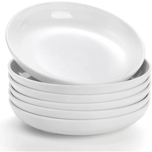 Fasmov Melamine Pasta Bowls, 6 Pack 8 inches 20 Oz Large Salad Serving Bowls, Shallow Salad Bowls, Plastic Dinner Deep Plates, Dishwasher Safe, White