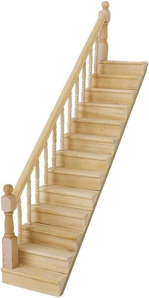 Miniature Stairs 1:12 Scale Dollhouse Furniture Wooden Handrail DIY Unpainted Staircase Dollhouse Accessories Pre-Assembled Steps Model (Left-Handrail)