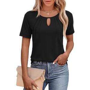 Jouica Women's 2025 Summer Tunic Tops Short Sleeve Loose Fit Breathable Top Keyhole Neck Casual Shirts for Leggings (SIZE: XXL)