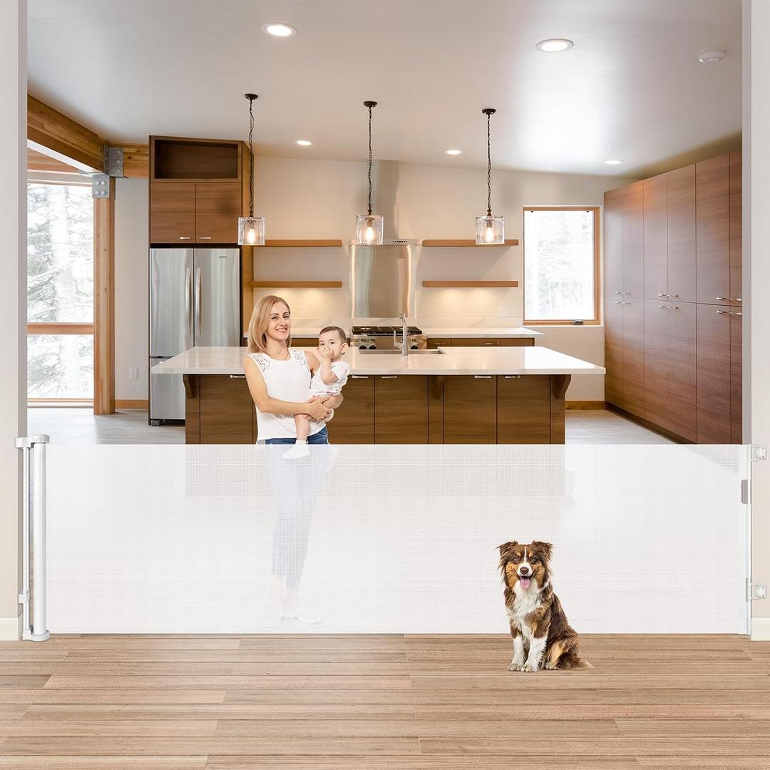 85 Inch Wide Baby Gate for Wide Openings Indoor Retractable Baby Gates Outdoor Retractable Dog Gate Mesh Gates for Kids or Pets Long Pet Gate for Doorways Long Dog Gate for Stairs, Porches, White