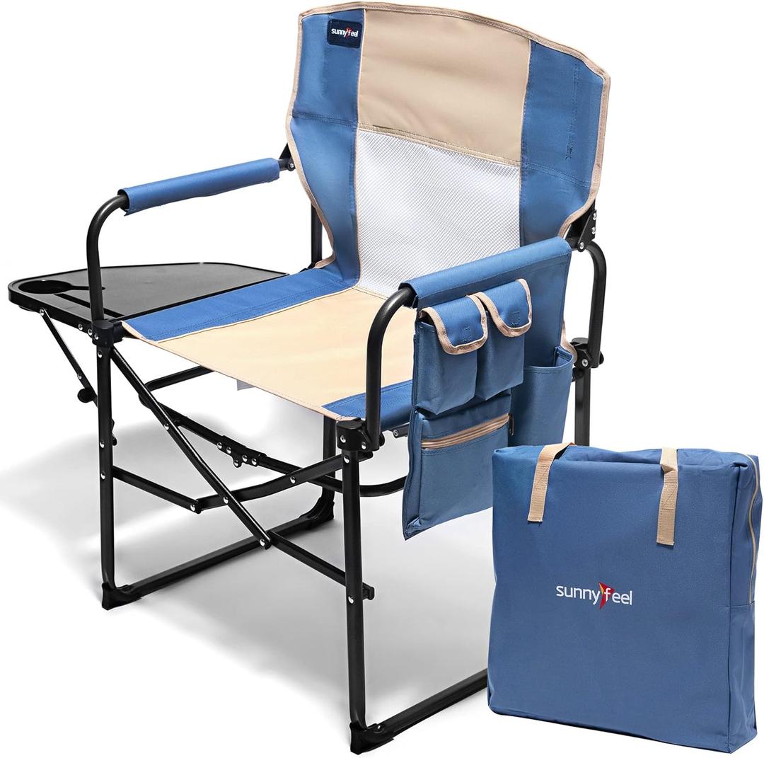 SUNNYFEEL Oversized Camping Directors Chair, Portable Folding Lawn Chairs for Adults Heavy Duty with Side Table,Pocket for Beach, Fishing,Picnic,Concert,Tailgating, Outdoor Foldable Camp Chair (1 PC, Khaki)