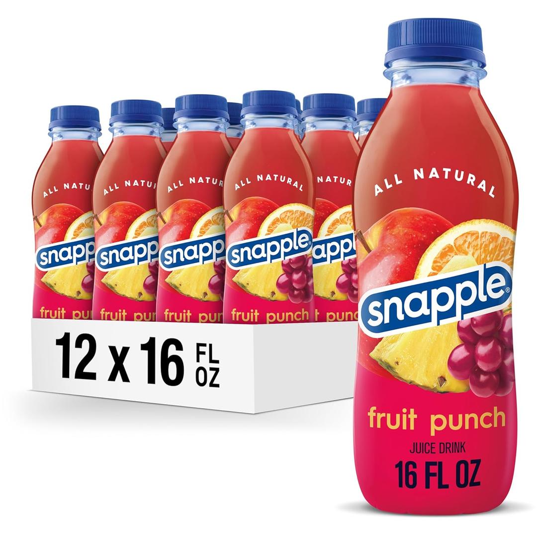 Snapple Fruit Punch Juice Drink, 16 fl oz Recycled Plastic Bottle, Pack of 12, BBD: JUL 26 2026