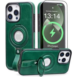for iPhone 16 Pro Leather Case with Stand, Anti-Slip Grip Ring, Fits for MagSafe (Green, IP 16 Pro-6.3inch)