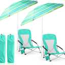 Huwena 2 Pack Beach Chairs with Umbrella for Adults, Low Folding Chair Set, Adjustable Detachable Umbrella, Lightweight Portable with Cup Holder & Carry Bag, for Beach Camping Travel(Green)