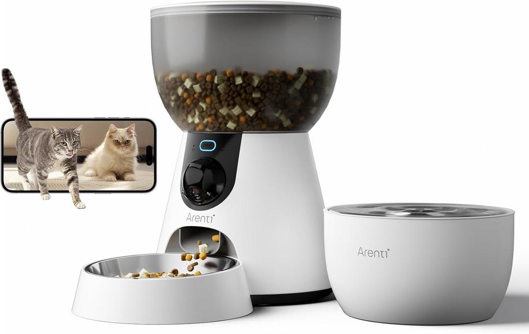 ARENTI Smart Automatic Cat Feeder and Water Fountain, 4L Pet Feeder Cat Food Dispenser with Camera, Dual Power, App Control, Live View & Night Vision, Meal Call, Hygienic Water Flow, Desiccant Bag