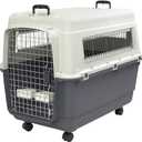 SportPet Airline Compliant X-LARGE 32.25" Travel Dog Kennel-Durable Plastic Airline Pet Carrier w/Removable Wheels & Food Bowls, Collapsible Indoor/Outdoor Dog Kennel, Dog up to 32"L & 23"H-Cream/Gray