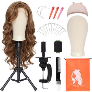 22 Inch Canvas Wig Head with Stand for Wigs ,14-22 Inch Height Adjustable Wig Stand Tripod with Canvas Block Wig Head,Manikin Head Block Set for Cosmetology with Wig Stand and Storage Bag (White)