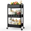LEHOM 3 Tier Rolling Storage Cart, Metal Trolley Utility Cart with Wheels & Hooks, Easy Assembly Organizer Storage Cart for Bathroom Kitchen Office Bedroom