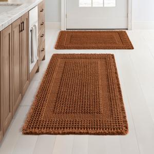 MIULEE Set of 2 Waffle Bathroom Rugs, Boho Bath Rug Super Absorbent, Non Slip Washable Ultra Soft Rubber Backed Shower Bath Mats for Floor, Tub, Shower, Looped Design, Terracotta, 17"x24"+18"x30"