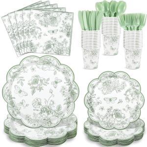 NatNarr 175 Pcs Sage Green Floral Plates and Napkins 25 Guest Scalloped Toile Chinoiserie Party Supplies Includes Floral Plates Napkins Cups Plastic Cutlery for Wedding, Bridal&Baby Shower, Tea Party, medium