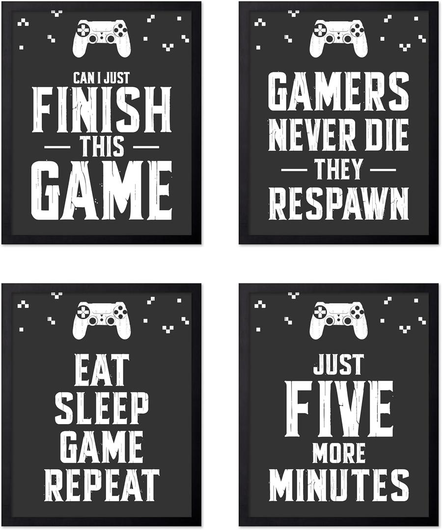 Poster Master 4-Piece Video Game Print - Gaming Poster - Retro Typography Art - Black & White Wall Design - Funny Quote Art - Great Game Room or Boy's Bedroom Decor - 8x10 UNFRAMED Wall Art